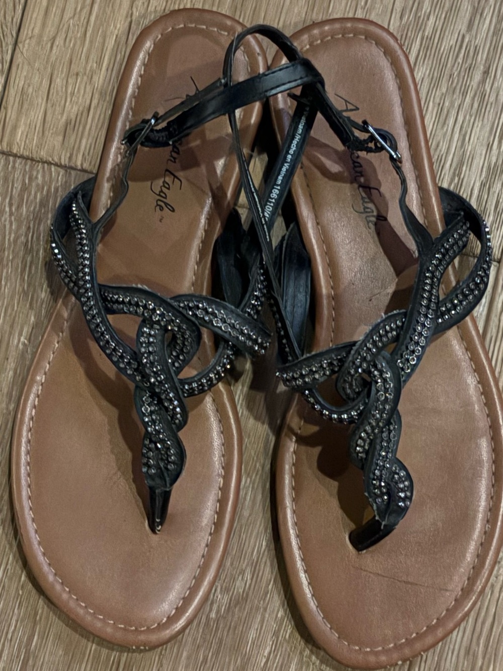 American Eagle Outfitters Black Braided Rhinestone T-Strap Sandals